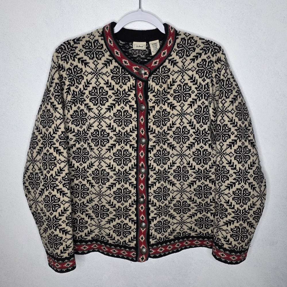 Vintage LL Bean NORDIC FAIR ISLE Lambs Wool Cardigan Snowflake Holiday Size M